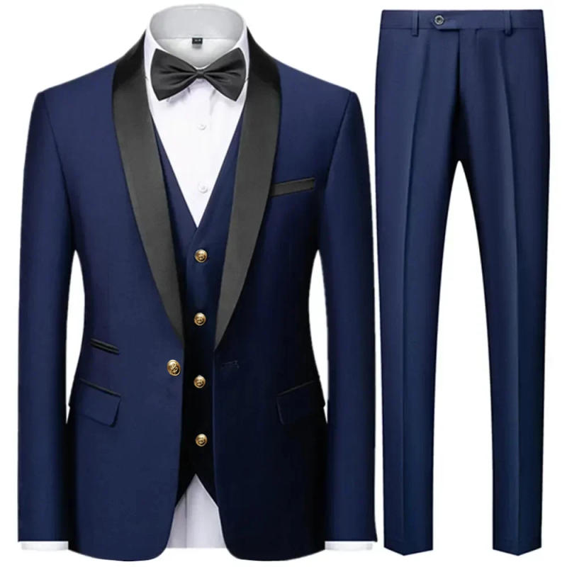 Description Picture 2 of itemMen Mariage Color Block Collar Suits Jacket Trousers Waistcoat Male Business Casual Wedding Blazers Coat Vest Pants 3 Pieces Set