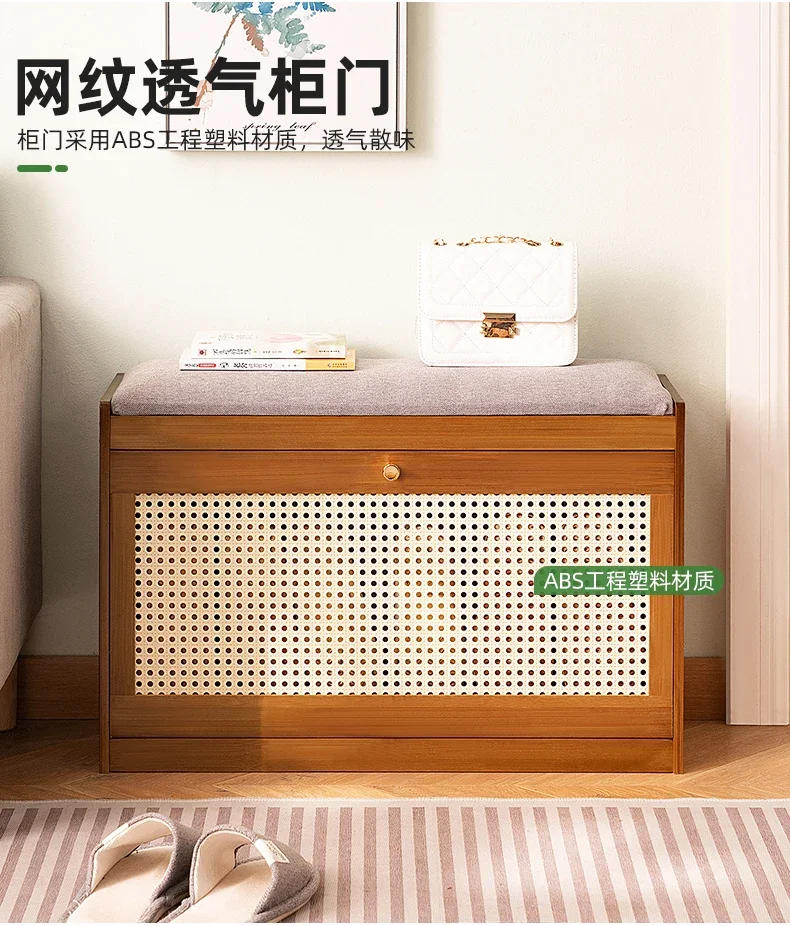 Description Picture 6 of itemSimple Shoe Cabinet stool Natural Bamboo Changing Shoe Stool Tipping bucket storage Shoe Stool Soft Bag Cushion Entrance Bench