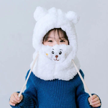 Fashion Lovely Scarf Integrated Cap Hat Scarf Set Cold-proof Warm Bear Winter Cap Bomber Hat Baby Hat Bonnet