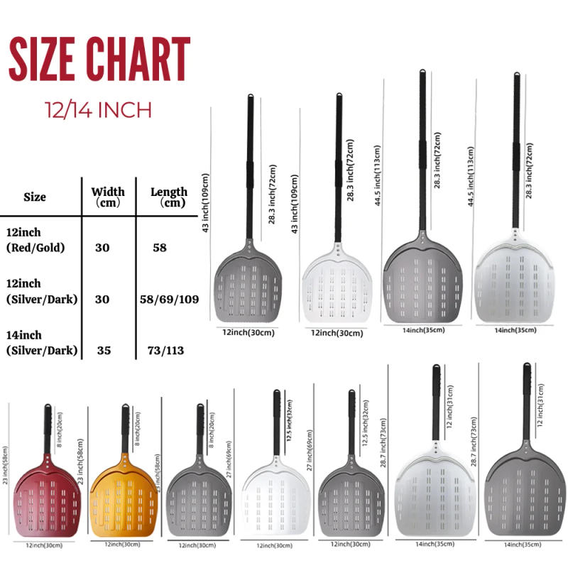 Description Picture 5 of item12 14 &6 Inch Pizza Peel Long Handle Turning Paddle Aluminum Pizza Turner Baking Tool Perforated 2 pack Kitchen Accessories