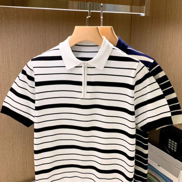 Summer Polo Shirt High-End Stripe Contrast Color New Short Sleeve Non-Marking Casual Lapels Business Thin Men's Wear W41