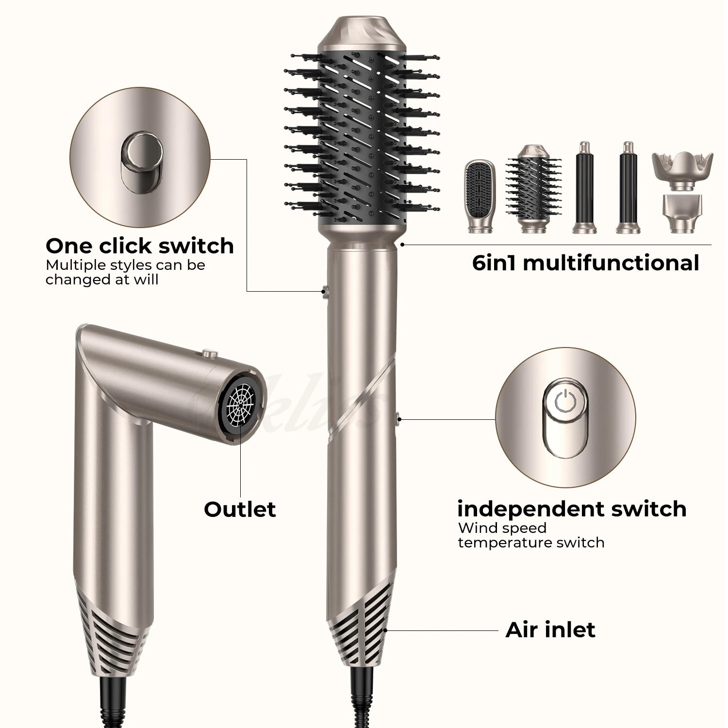 Description Picture 2 of item6 in 1 Hair Dryer Brush Negative Ions Hair Blower Brush Salon Blow Dryer Air Curler Wand Ceramic Curling Iron Styler Folding