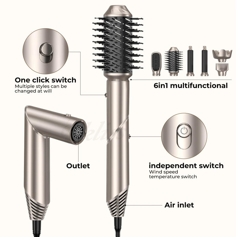 Description Picture 2 of item6 in 1 Hair Dryer Brush Negative Ions Hair Blower Brush Salon Blow Dryer Air Curler Wand Ceramic Curling Iron Styler Folding