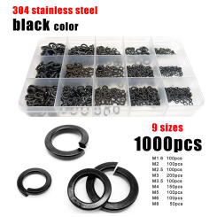 1000pc Mix Size Kit M1.6 M2 M2.5 M3 M3.5 M4 M5 M6 M8 Black 304 Stainless Steel GB93 Spring Split Lock Washer Elastic Gasket Set