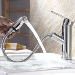 Bathroom Kitchen Basin Faucet Single Handle Pull Out Spray Sink Tap Hot  Cold Water  Deck Mount Faucets Bathroom Accessories