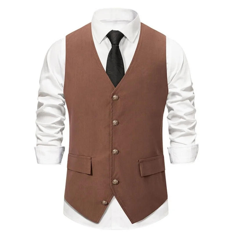 Description Picture 2 of itemMen Vest Coffee Solid Business Waistcoat Vintage Regular Slim For Wedding Banquet Prom Men Suit Vest