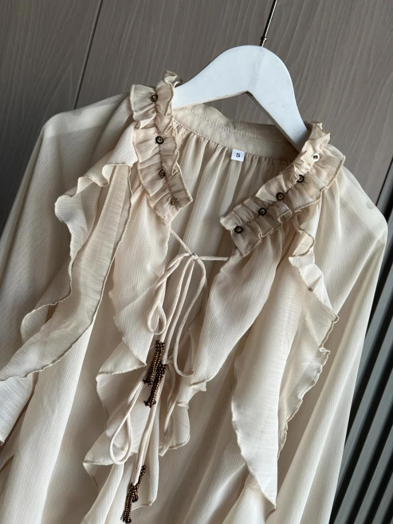 Description Picture 5 of itemETJ Spring 2025 New traf Women's Fashion Translucent fabric beaded rivets decorated V-neck lace ruffled romantic shirt