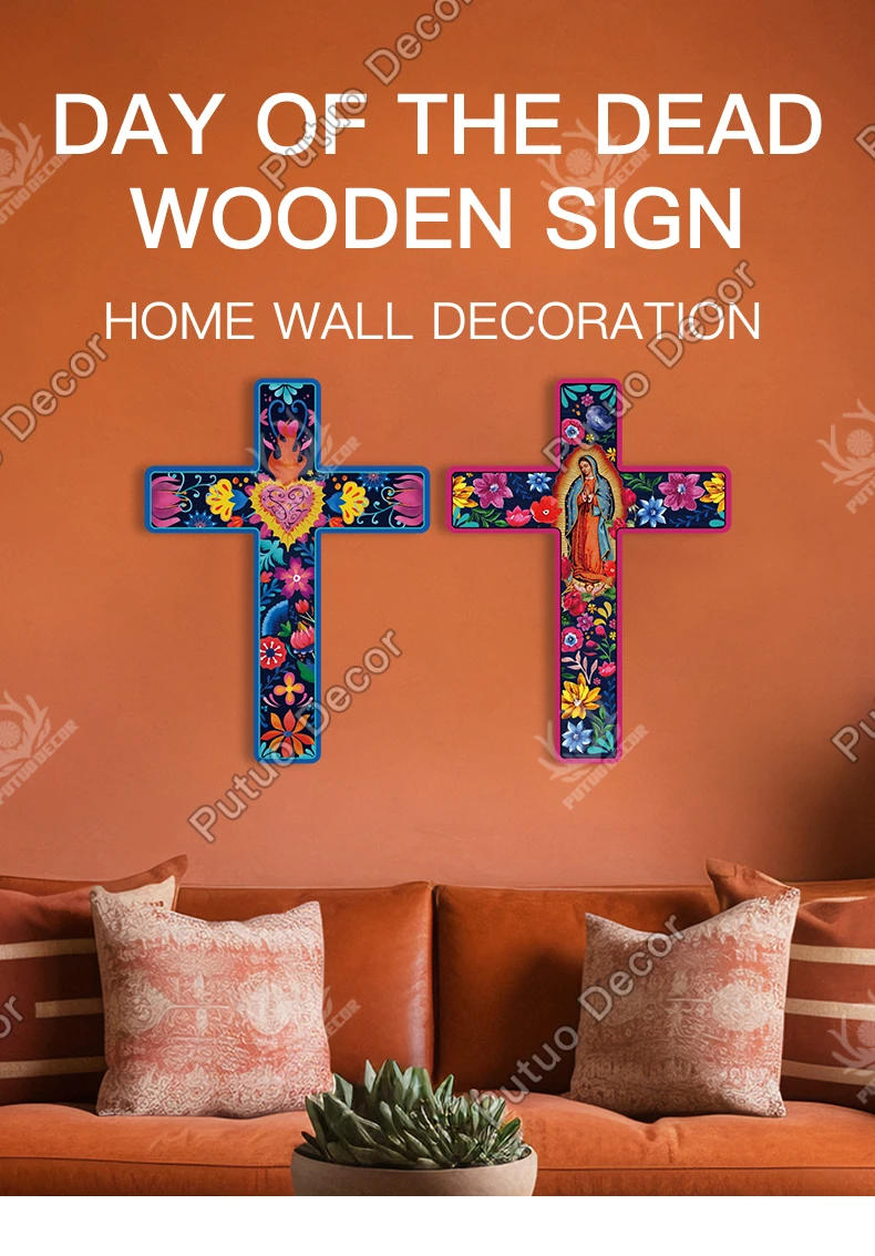 Description Picture 5 of itemPutuo Decor Mexican Crucifix Wood Wall Decor, Day of the Dead Decoration Wooden Wall Mounted Cross for Home , 15.9 X 11.8 Inches