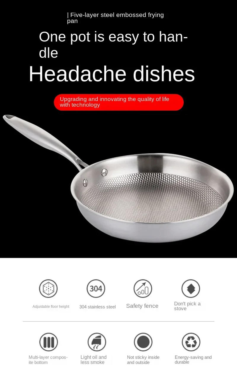 Description Picture 2 of itemFrying Pan 304 Stainless Steel Skillet 28/30cm Non-stick Pan NO-coating Eggs Steak Frying Pot Use Gas and Induction Stove Woks