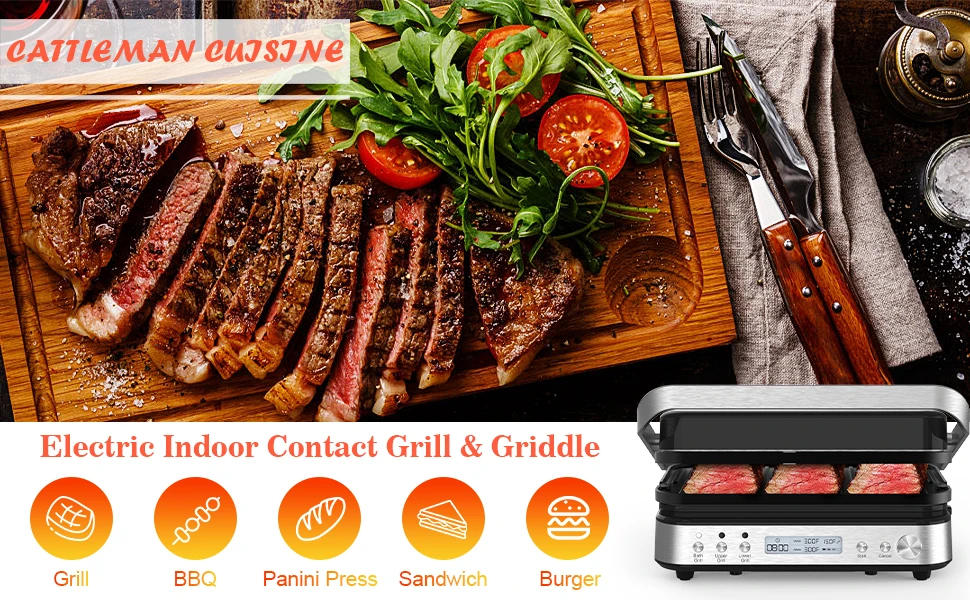 Description Picture 2 of itemPress Grill Sandwich Maker with Removable Plates, 5 in 1 Smokeless Indoor Grill & Griddle with Meat Thermometer, CATTLEMAN CUISI