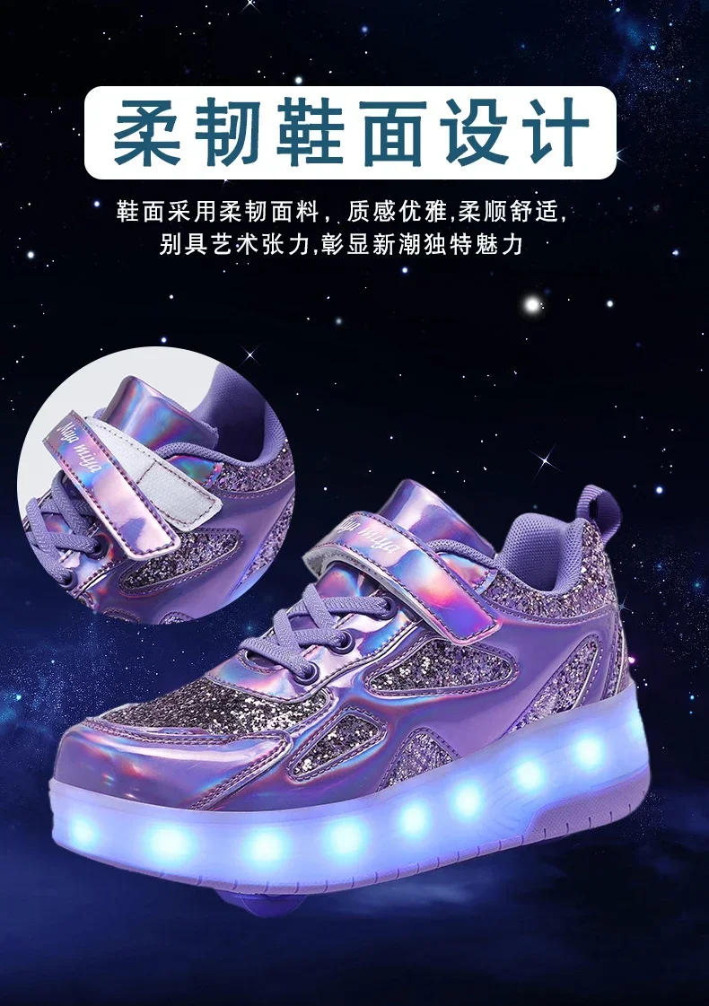 Description Picture 6 of itemChildren’s Two Wheels Luminous Glowing Sneakers Heels Pink Led Light Roller Skate Shoes Kids Led Shoes Boys Girls USB Charging