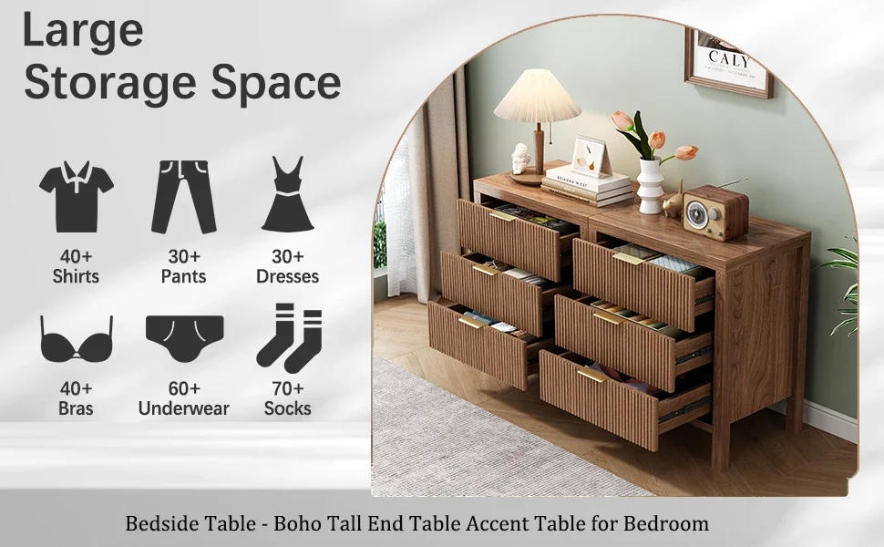 Description Picture 4 of itemFluted Nightstands Set of 2,Wooden Farmhouse Night Stands with 6 Drawer Bedside Table - Boho  End Table Accent Table for Bedroom