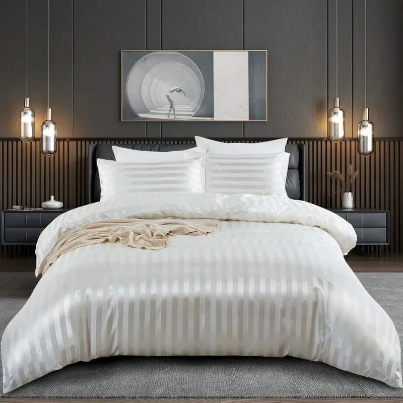 Description Picture 2 of itemSatin Striped Duvet Cover Twin/Full/Queen/King/Single/Double Size Set, Luxury Silky Like Khaki Stripe Duvet Cover Bedding Set