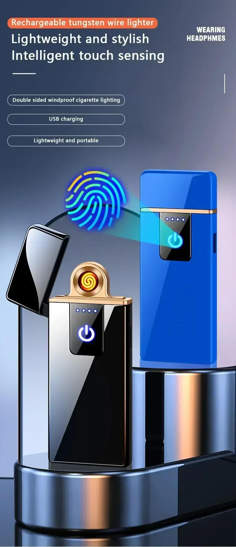 Description Picture 3 of item2024 Hot Portable USB Electric Windproof Plastic Lighters ，Rechargeable Touch Sensor Cigarette Accessories For Men's Gift