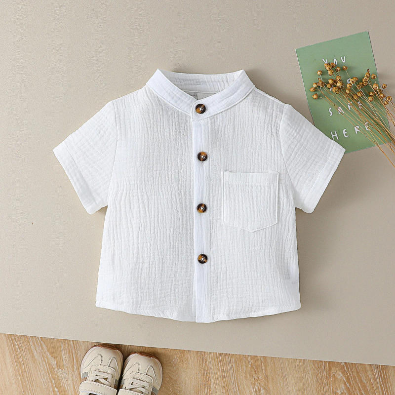 Description Picture 2 of itemBoy Solid Color Cotton Soft Shirt Chest Pocket Stand Collar Short Sleeve Gentleman Shirt For Boys 1-3Y Summer Clothes
