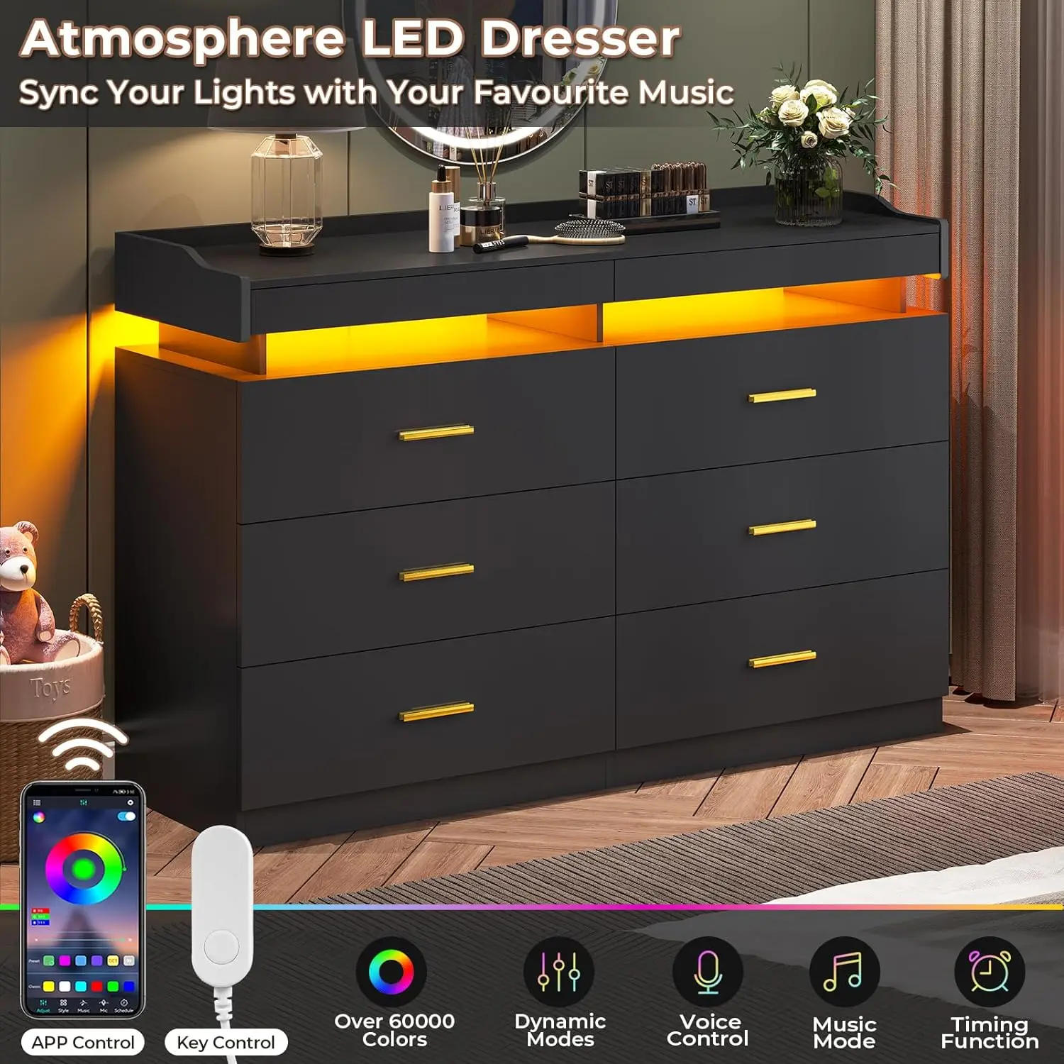 Description Picture 4 of itemModern Dresser 9 Drawer with LED Light,Wide Drawer Organizer Cabinet for Bedroom Living Room Chest  for Closet of Wood Drawers
