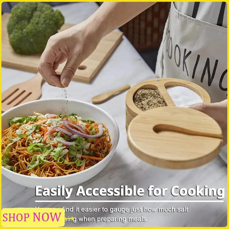 Description Picture 3 of item1Set Seasoning Box With Swivel Lid Bamboo Salt Cellar Wood Color Dual 6 Oz With Lid And Spoon
