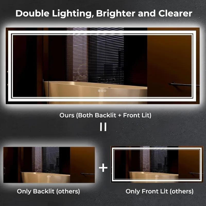 Description Picture 4 of item84x32 LED Mirror for Bathroom with Front and Backlit Anti-Fog Lighted Mirror Dimmable LED Bathroom Vanity Mirror with Lights