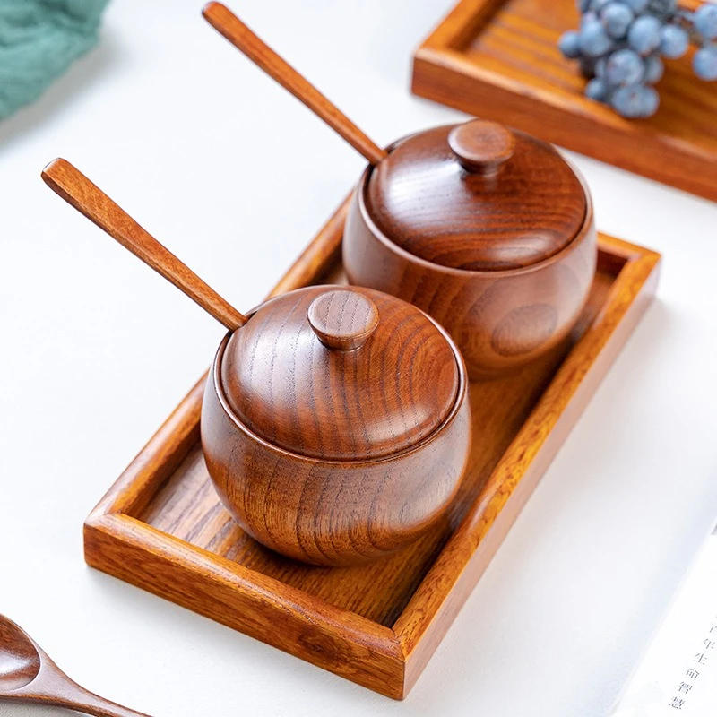 Description Picture 4 of itemWooden Seasoning Jar Creative Kitchen Retro Salt Sugar Pot Seasoning Storage Jar With Lid Spoon Wooden Tray Storage Containers