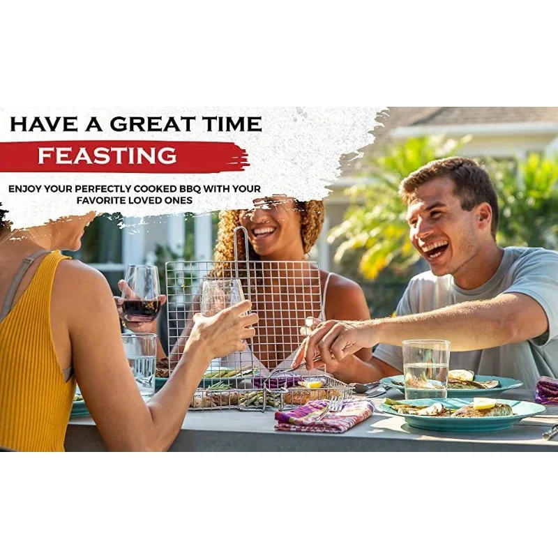 Description Picture 2 of itemBarbecue Grilling Reusable Meat Fish Clip Holder Wooden Handle Metal Grill Mesh Foldable BBQ Grill Mat Grilling Basket