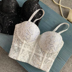 Shiny Sequins Lace Women Corset Lady Stylish Floral Beading Bustier Girls Sexy Tank Top Lady Cropped Top Club Party Bralet