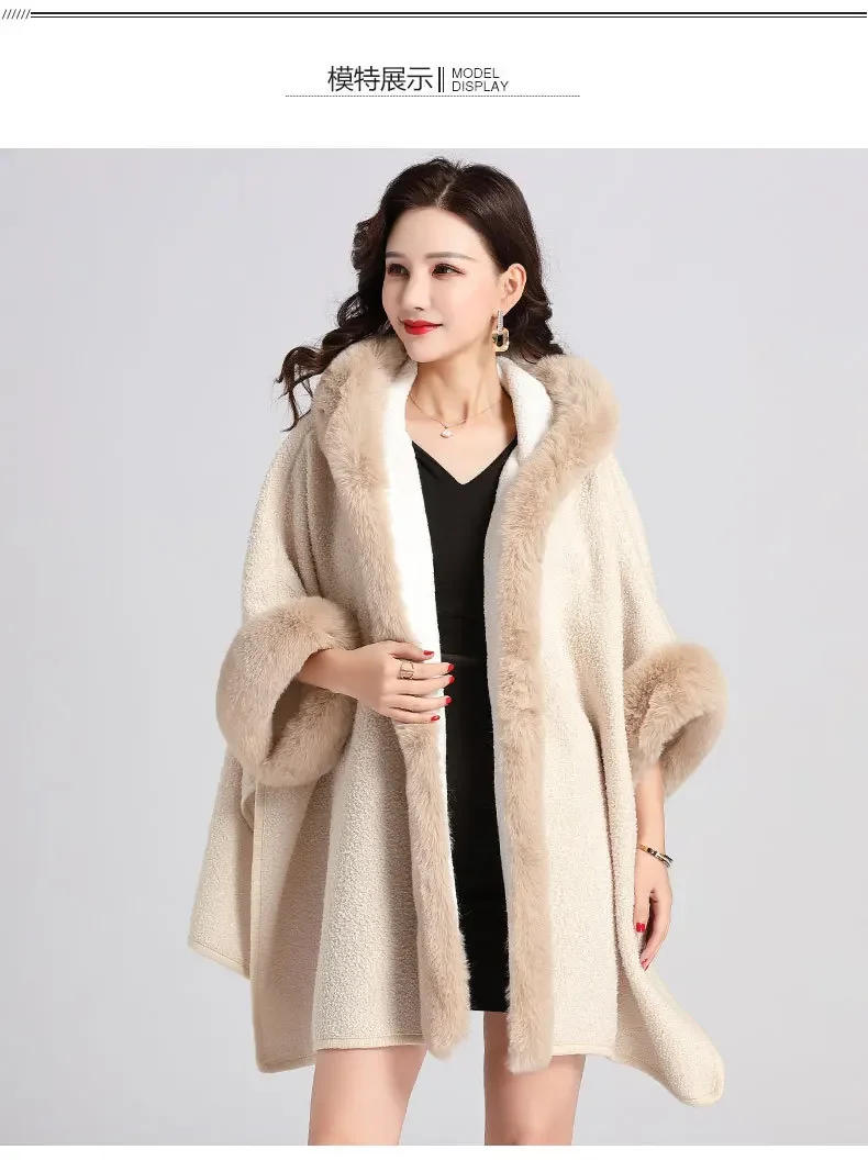 Description Picture 2 of itemWomen Granular Cardigan Long Cloak Loose Coat With Hat Winter Thicken Velvet Big Pendulum Faux Fur Collar Outstreet Poncho Capa