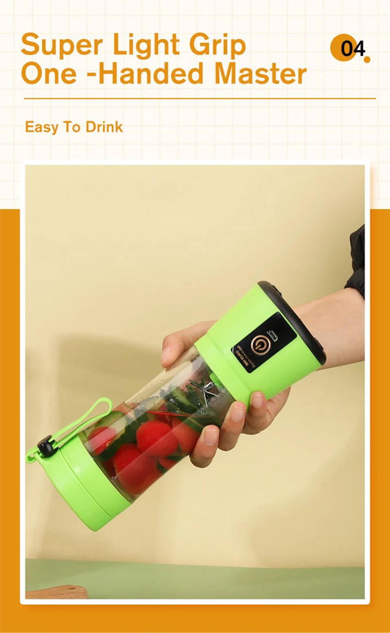 Description Picture 6 of itemPortable Mini Fruit Juicer Cup Usb Rechargeable Mixer 6 Blades Juicer Wireless Vegetable Juicer Blender Milkshake Manual Juicers