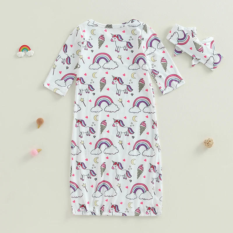 Description Picture 3 of itemBaby Newborn Sleeper Gown Cute Cartoon Print Long Sleeve Nightgown with Headband for Girls