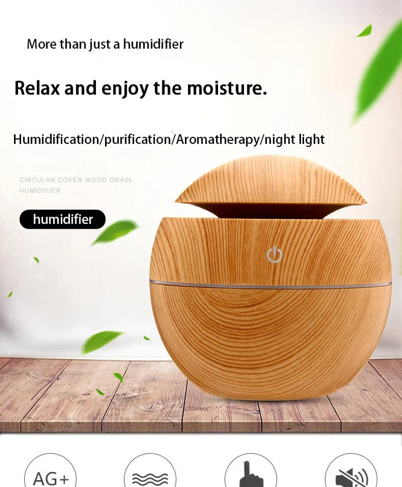 Description Picture 2 of item200ml USB Small Ball 7 Colorful Light Bass Noise Reduction Mushroom Humidifier Mini Wood Grain Round Hollow Aroma Diffuser