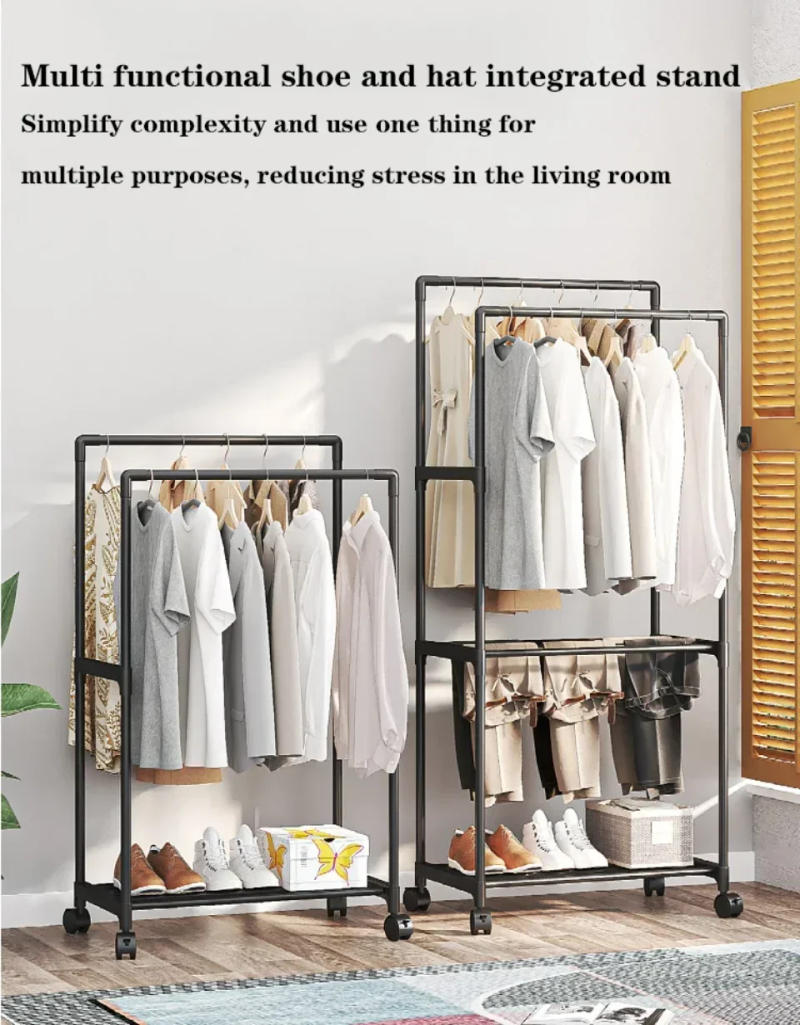 Description Picture 5 of itemClothes Rack Standing Wheels Double Pole Storage Easy To Install Coat Rack Hall Furniture Bedroom High-capacity Storage Shelves