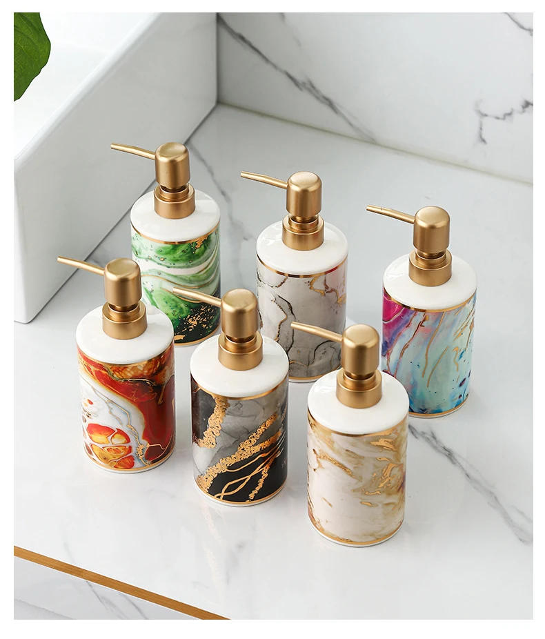 Description Picture 2 of itemGold-plated Marble Soap Dispenser Creative Ceramic Emulsion Bottle Bathroom Decoration Hand Sanitizer Shampoo Pressure Bottle