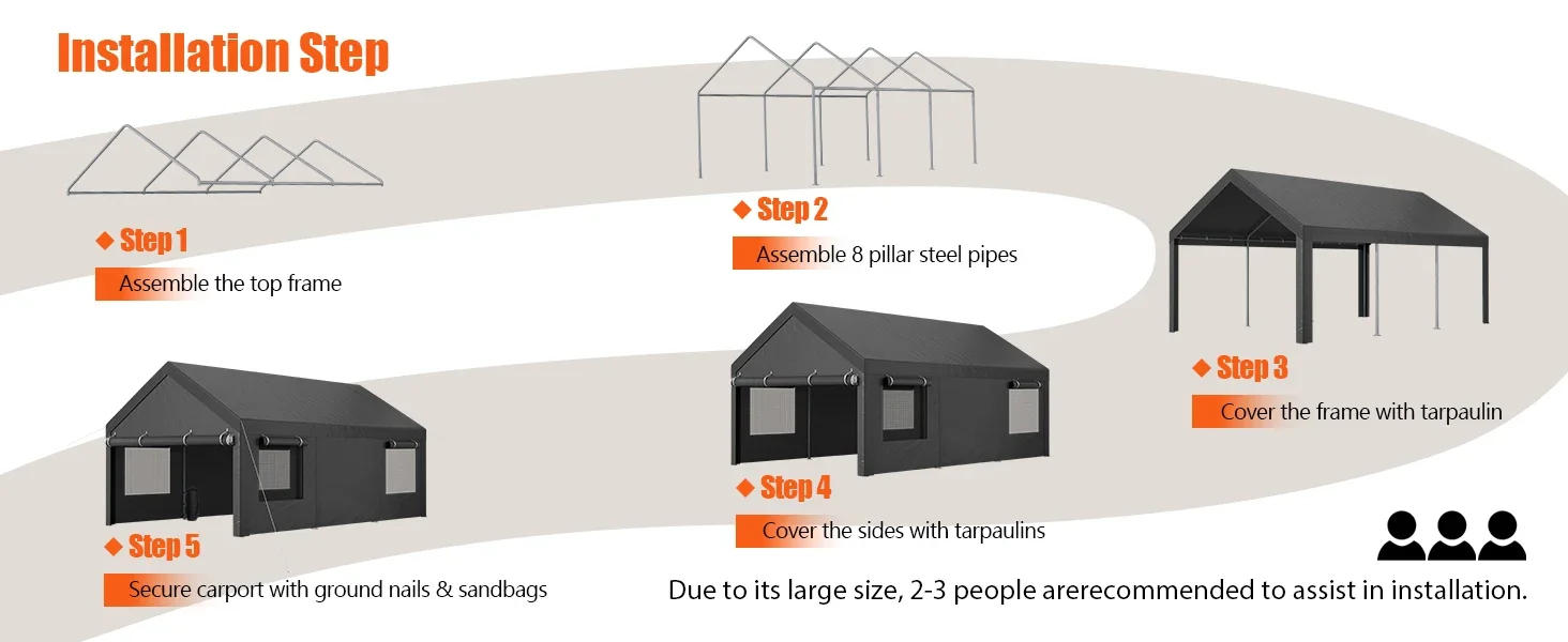 Description Picture 2 of itemJAMFLY Carport, 12x20 ft Heavy Duty Carport with Roll-up Windows, Portable Garage with Removable Sidewalls & Doors, Car Canopy
