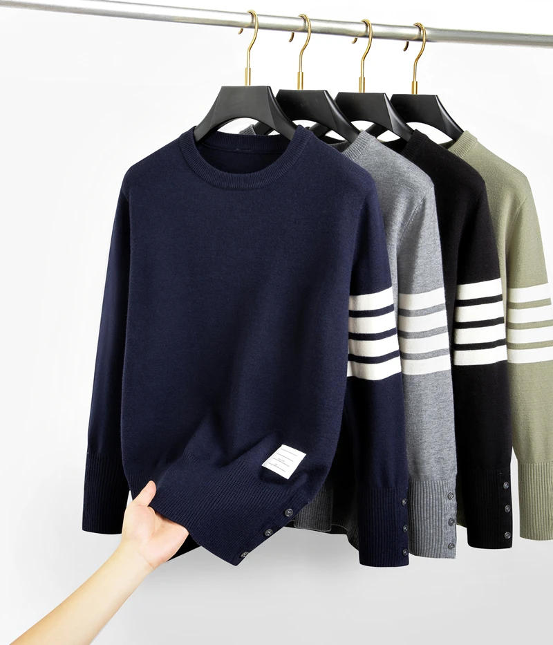 Description Picture 2 of itemHigh end brand round neck sweater men's autumn and winter 2023 new classic four stripe trend hem split Korean casual pullover