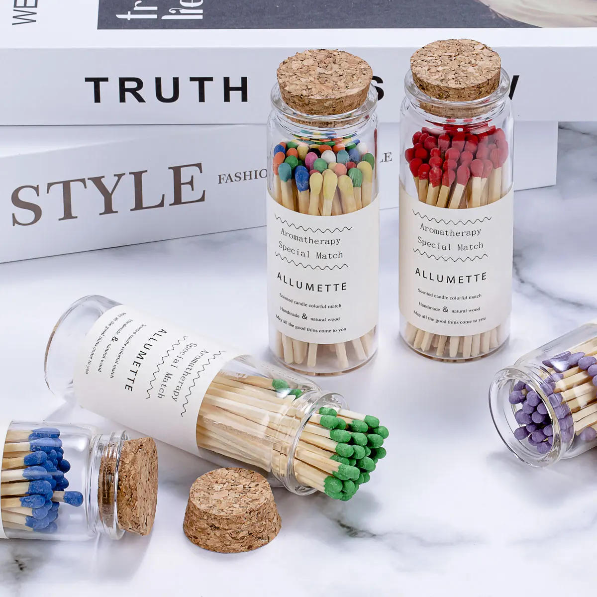 Description Picture 6 of item7.5cm Scented Colorful Match Apothecary Galss Jar Wooden Matches For Aromatherapy Candles Cigarette Smoking Tools