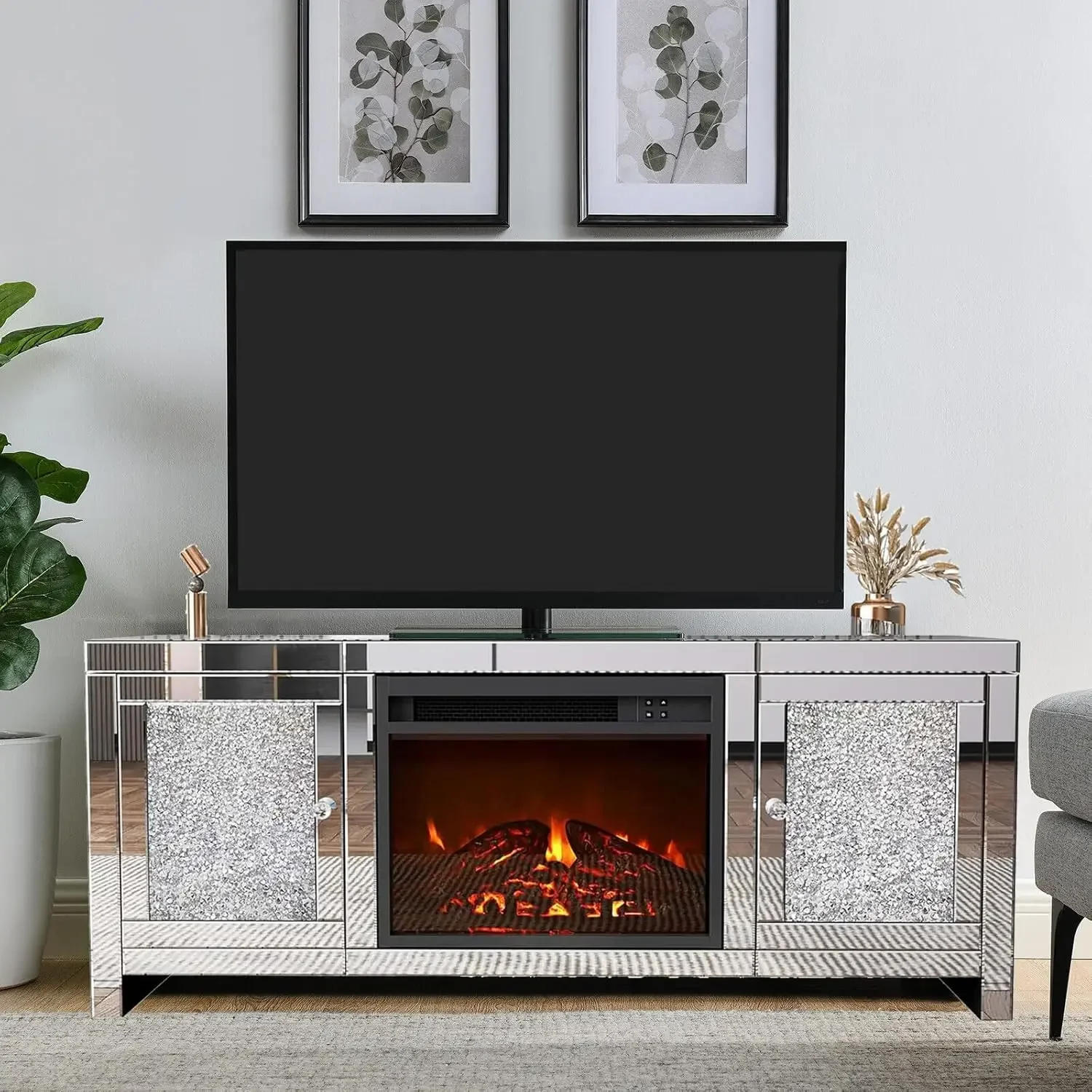 Description Picture 2 of itemSilver TV Stand, Mirrored Fireplace TV Stand with LED Light Modern Entertainment Center with Storage for TVs Up to 47 Inch