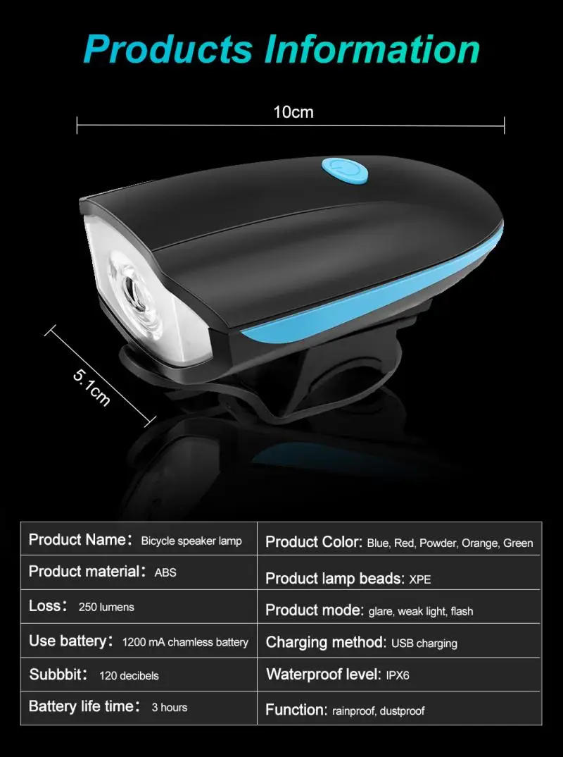 Description Picture 3 of itemBicycle Front Light with Electric Loud Horn Waterproof Bike Headlight USB Rechargeable Cycling Flashlight Tactical Torch Lantern