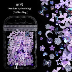 100pcs 3D Resin Pink Purple Nail Charm Flowers Heart Bear Mixed Nail Art Decoration Kawaii Pink Ribbon Bowknot DIY Nail Part