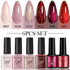 LILYCUE 6Pcs/Set Red Nude Glitter Gel Nail Polish Gorgeous Full Coverage Soak Off UV Gel Nail Art Base Top Coat Gel Polish Kits