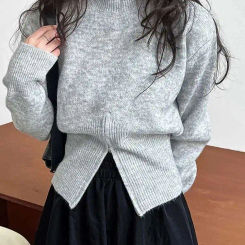 [EAM] Gray Hen Zipper Big Size Knitting Sweater Round Neck Long Sleeve Women Pullovers New Fashion Spring Autumn 2025 1DH1073