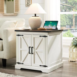 Farmhouse End Table with Charging Station,24" Large Sofa Side Table with Barn Door, Rustic Wood Square Nightstand Bedside Table