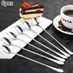 6PCS Stainless Steel Coffee Spoon Long Handle Ice Cream Dessert Tea Spoon For Picnic Drinkware Tableware Kitchen Set Supply//