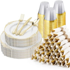 175PCS Plastic Plates for 25 Guests, Disposable Dinnerware Sets Include 50 Rim Plastic Plates, Silverware, Pre Rolled Napkins
