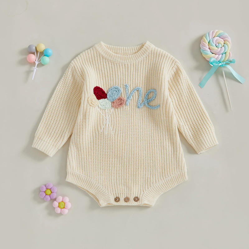 Description Picture 3 of itemBaby Sweater Romper Long Sleeve Round Neck Embroidery Knit Bodysuit Birthday Outfit
