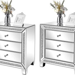 Mirrored Nightstands Set Of 2 Modern Bedside Table 3 Drawer Glass Side End Table Silver Dresser 23”WX13.8”DX24.8”H