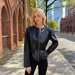 PB&ZA Summer new women's short skirt style hem imitation leather round neck long sleeved jacket slim fit jacket
