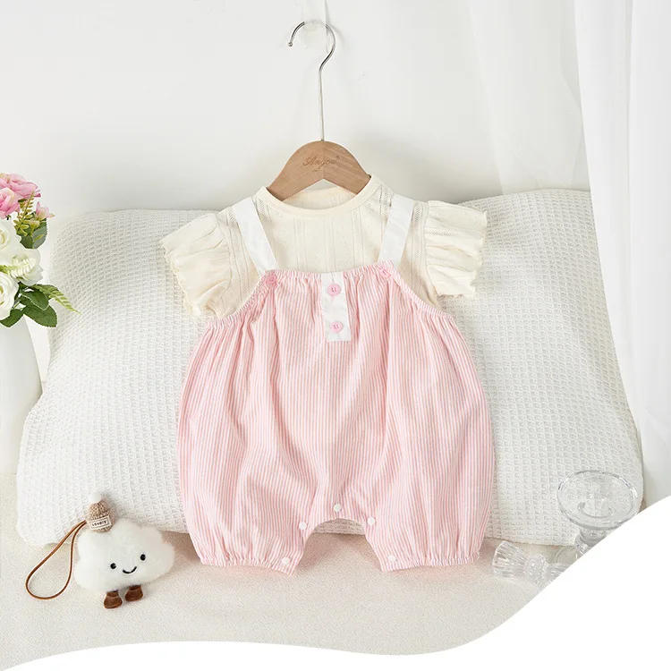 Description Picture 2 of itemSummer Infant and Toddler Set, Female Baby Thin Vertical Striped Strap Pants Minimally Stylish Cotton Top, T-shirt Two Piece Set