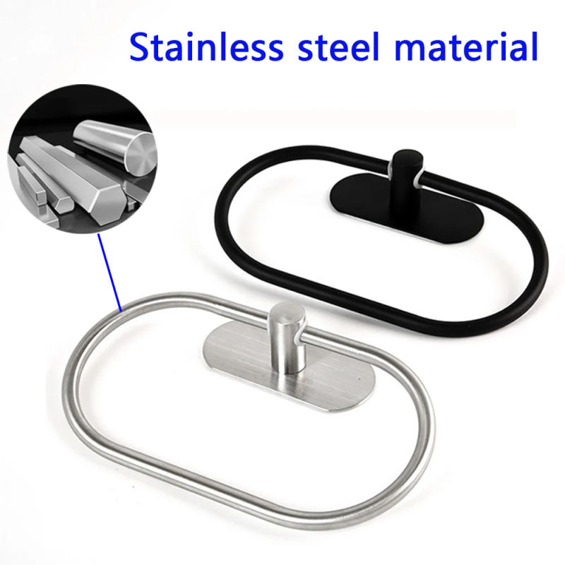 Description Picture 3 of itemStainless Steel Towel Holder Self-adhesive Bathroom Towels Rack Black Washhand Hanger Ring Rail Bar Kitchen Storage Accessories