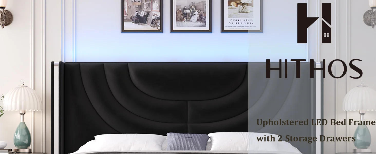 Description Picture 2 of itemKing-size upholstered LED bed frame with 2 storage drawers, velvet platform bed with wingback headboard，Black