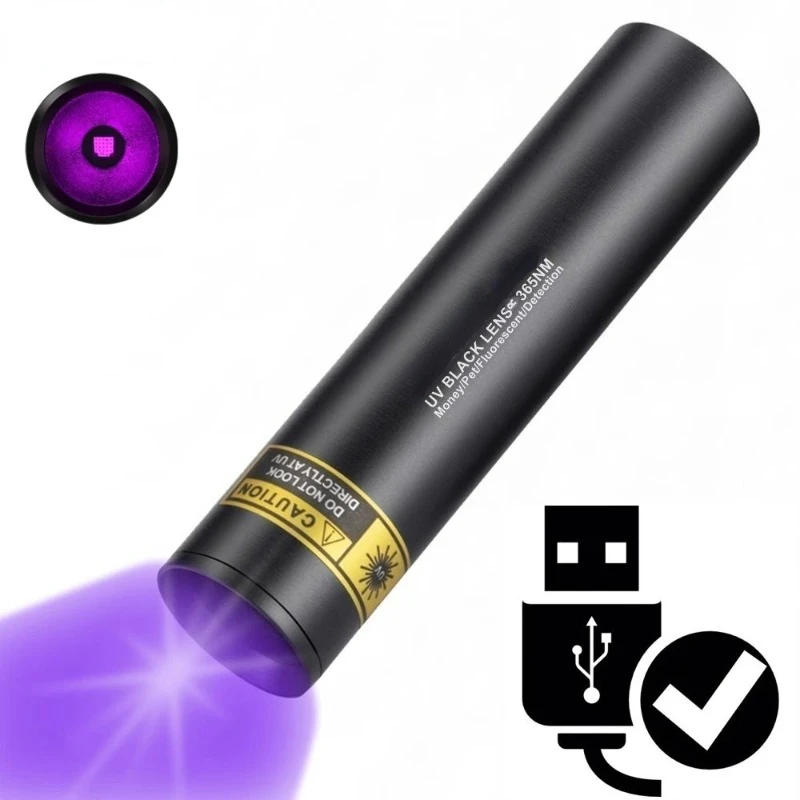 Description Picture 2 of item3W 365nm UV Flashlight USB Rechargeable Ultraviolet Torch Pets Urine Cat Tinea Money Ore Scorpion Detection Black Light