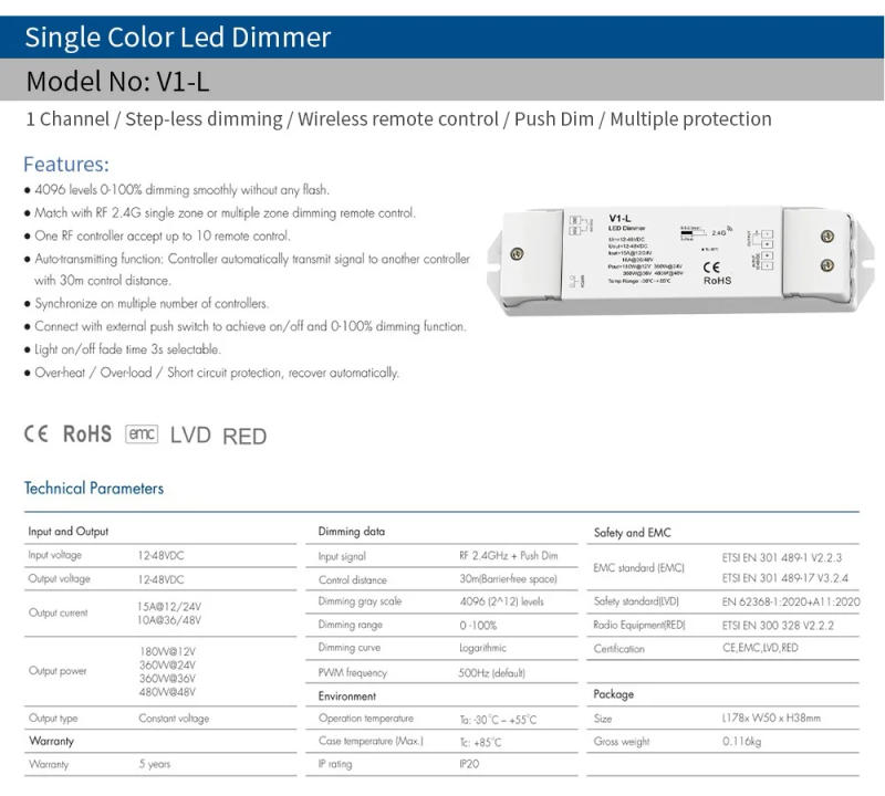 Description Picture 3 of itemLed Strip Dimmer V1-L DC 12V 24V 36V 48V Single Color Touch Panel Remote 2.4G RF Smart Wireless Controller 1CH Constant Voltage